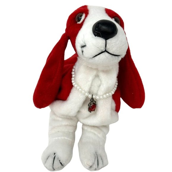 Birthstone Bassets January Red Plush Dog Pearl Necklace Red Stone Stuffed Animal - Picture 5 of 12